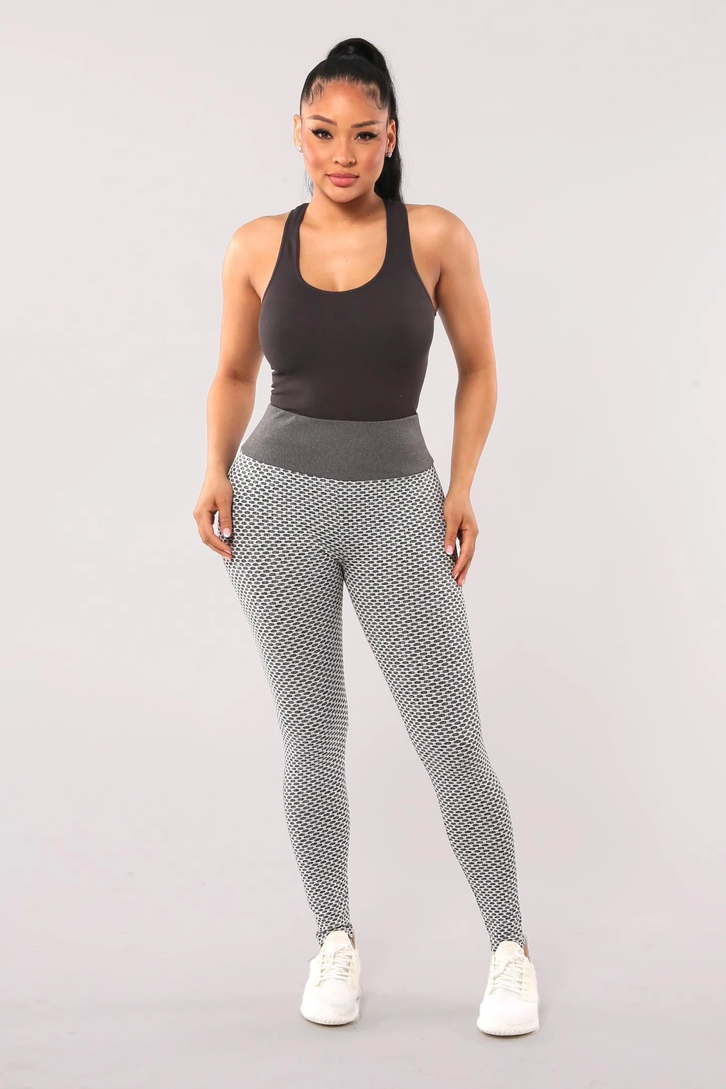 High Waist Two Tone Textured Honeycomb Butt Scrunch Yoga Leggings - Gray, White