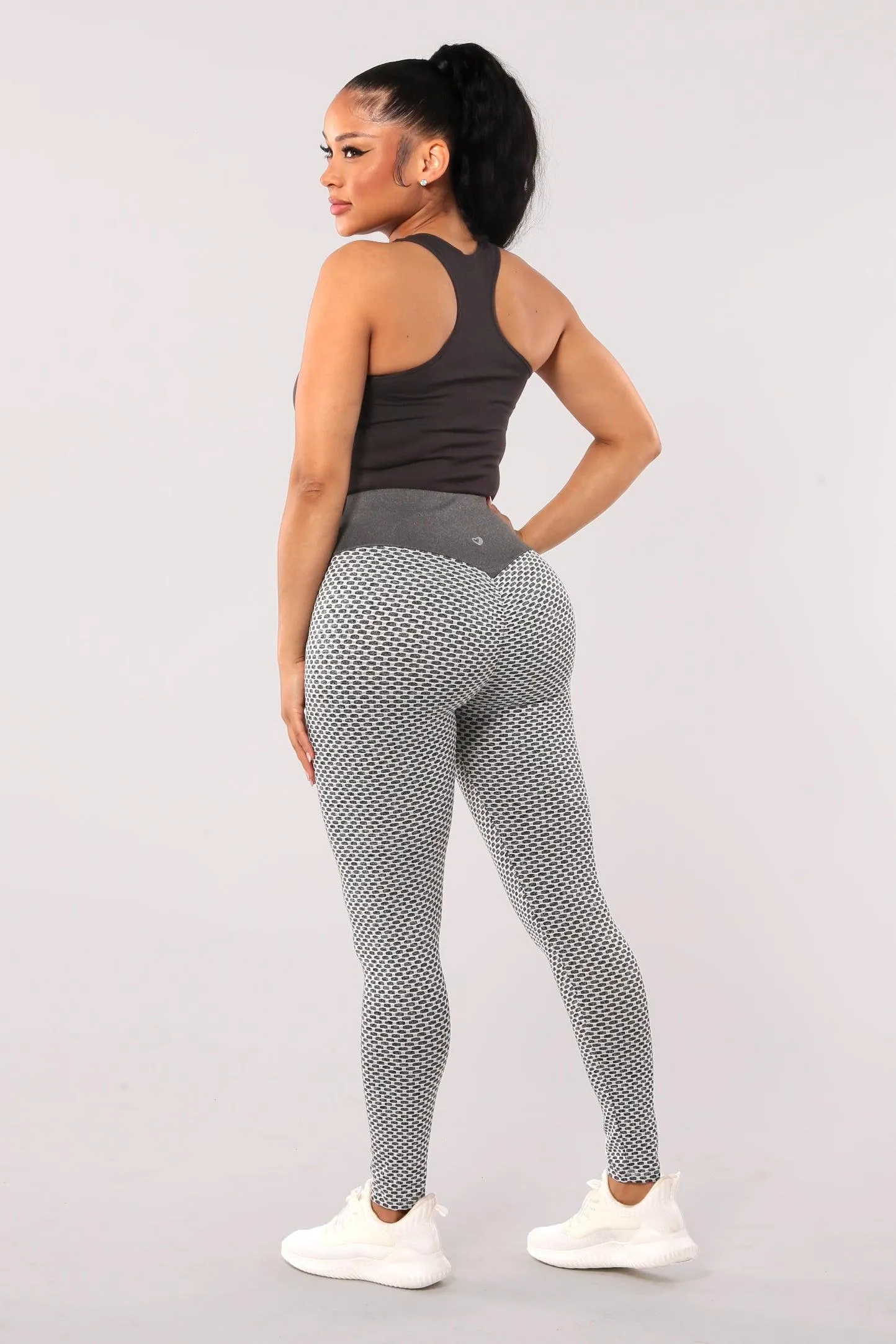 High Waist Two Tone Textured Honeycomb Butt Scrunch Yoga Leggings - Gray, White