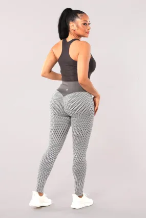 High Waist Two Tone Textured Honeycomb Butt Scrunch Yoga Leggings - Gray, White