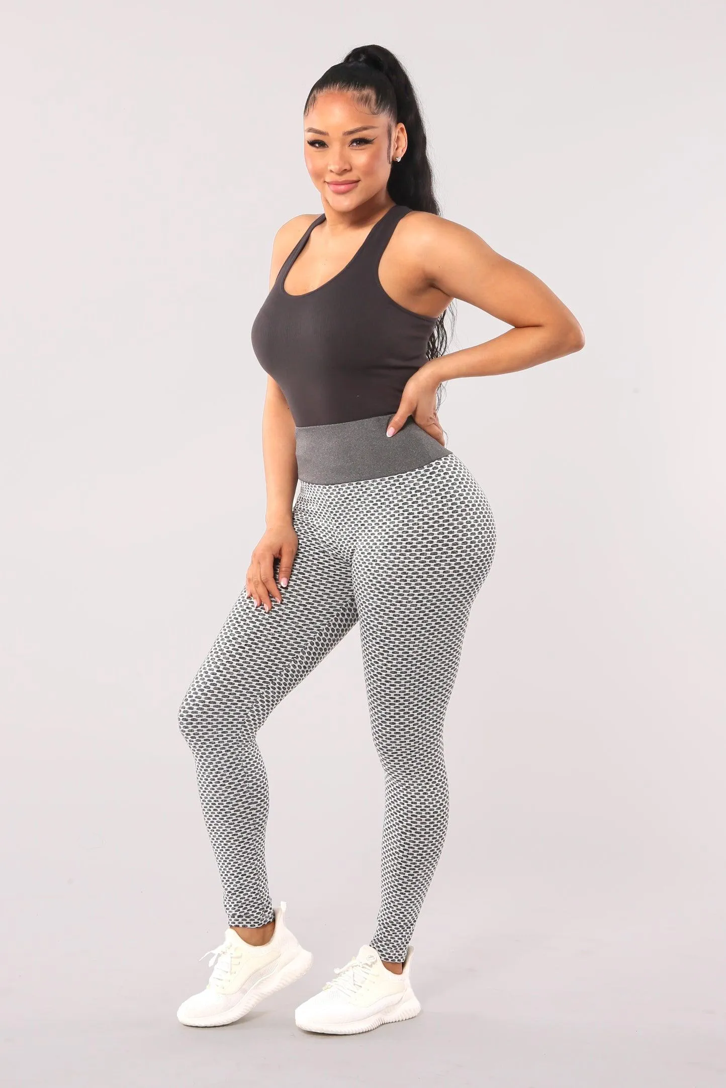 High Waist Two Tone Textured Honeycomb Butt Scrunch Yoga Leggings - Gray, White