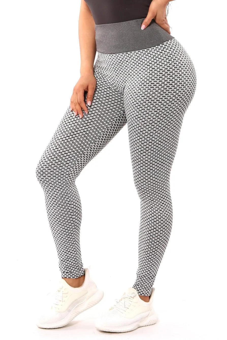 High Waist Two Tone Textured Honeycomb Butt Scrunch Yoga Leggings - Gray, White