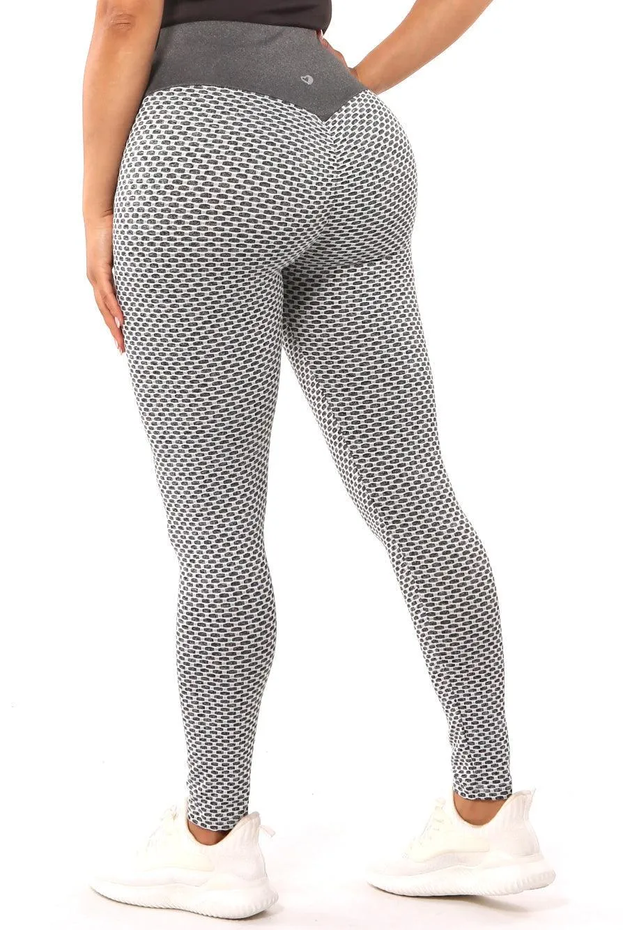 High Waist Two Tone Textured Honeycomb Butt Scrunch Yoga Leggings - Gray, White