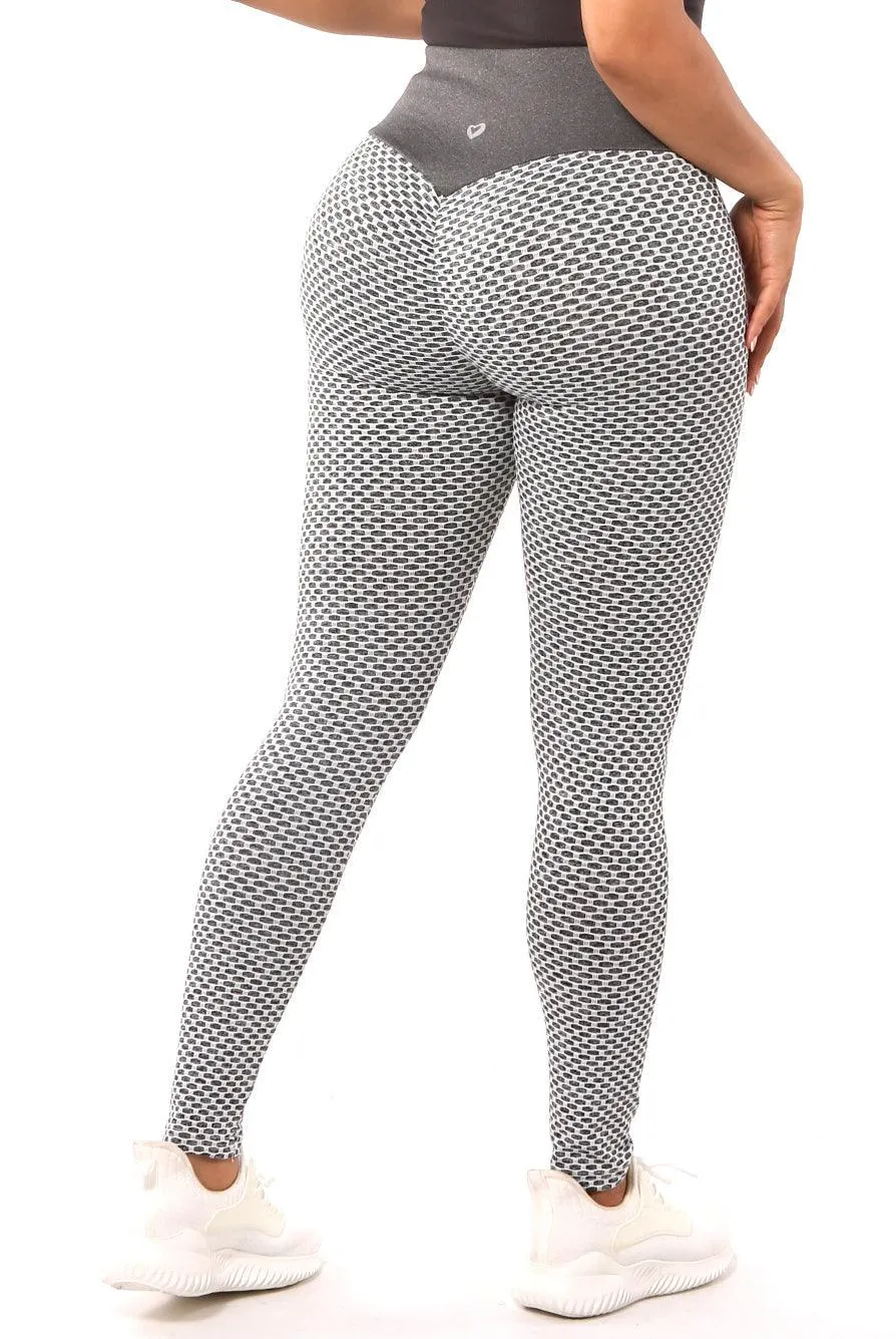 High Waist Two Tone Textured Honeycomb Butt Scrunch Yoga Leggings - Gray, White