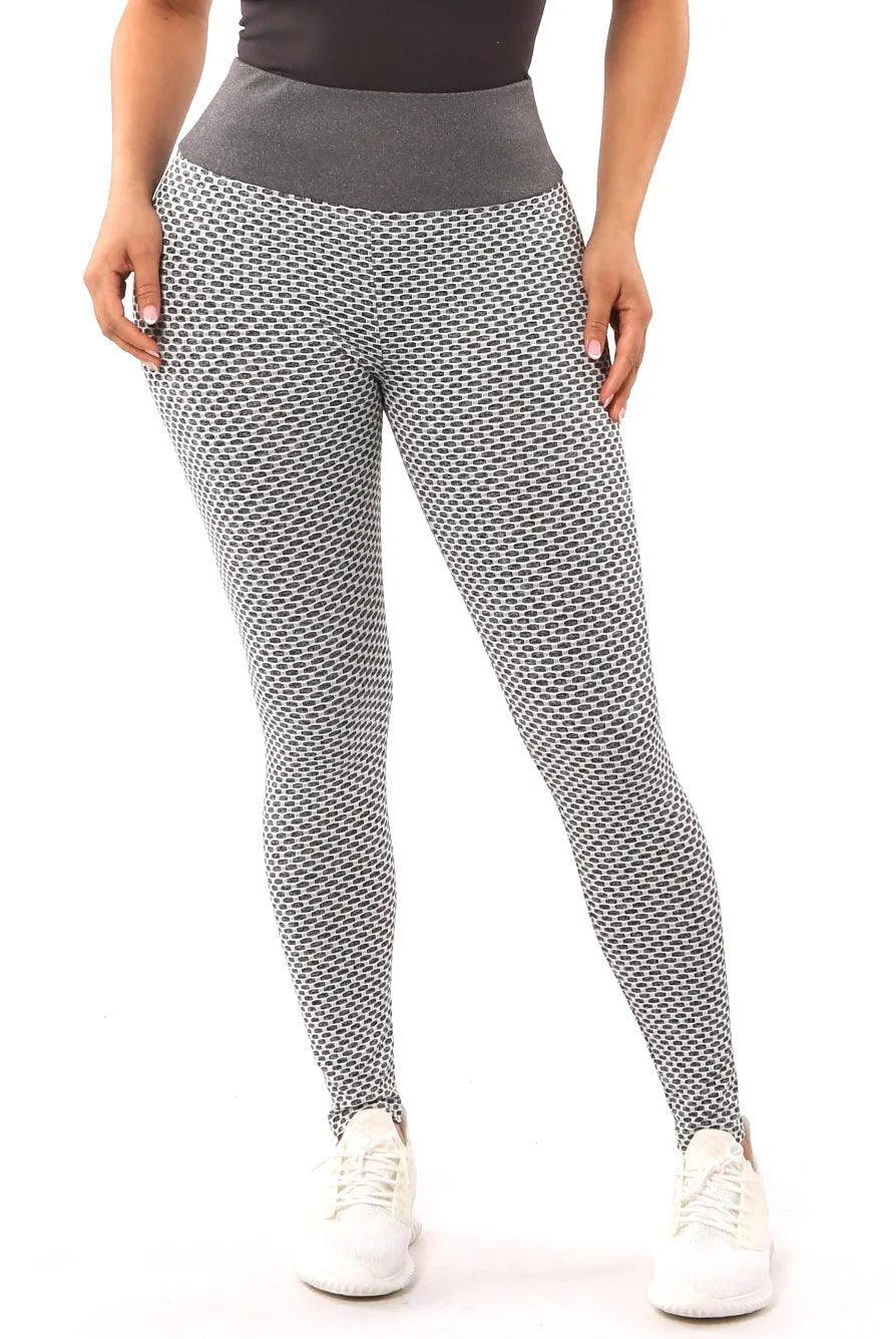 High Waist Two Tone Textured Honeycomb Butt Scrunch Yoga Leggings - Gray, White