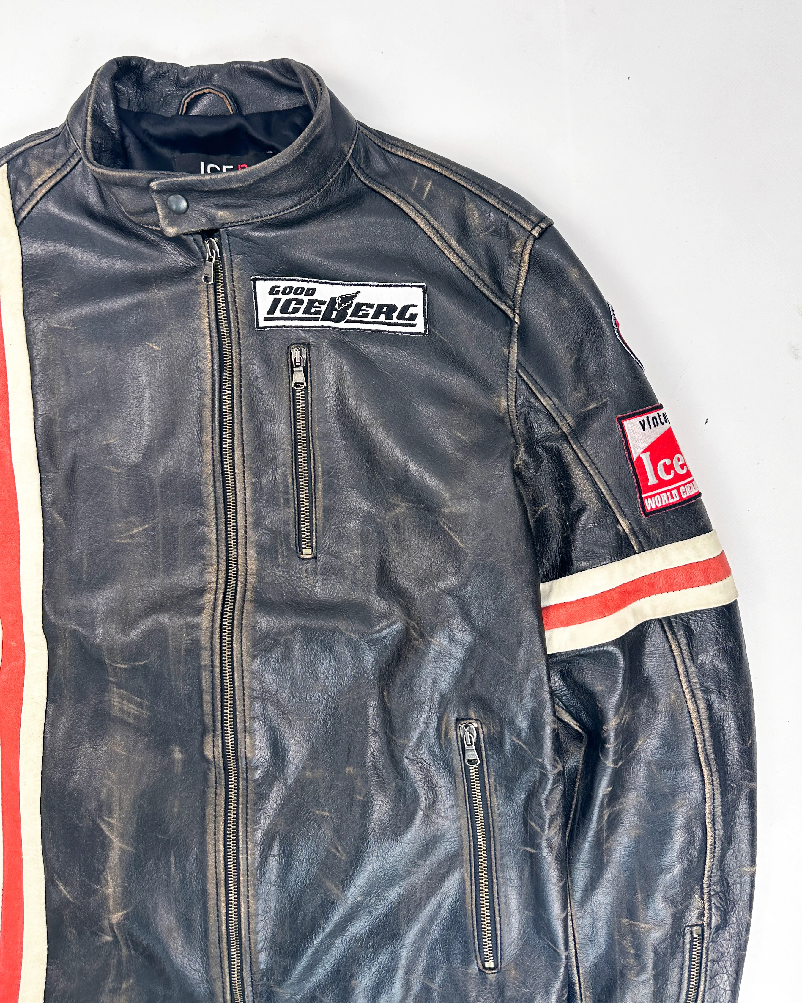 Iceberg Black Distressed Leather Racing Jacket 2000's