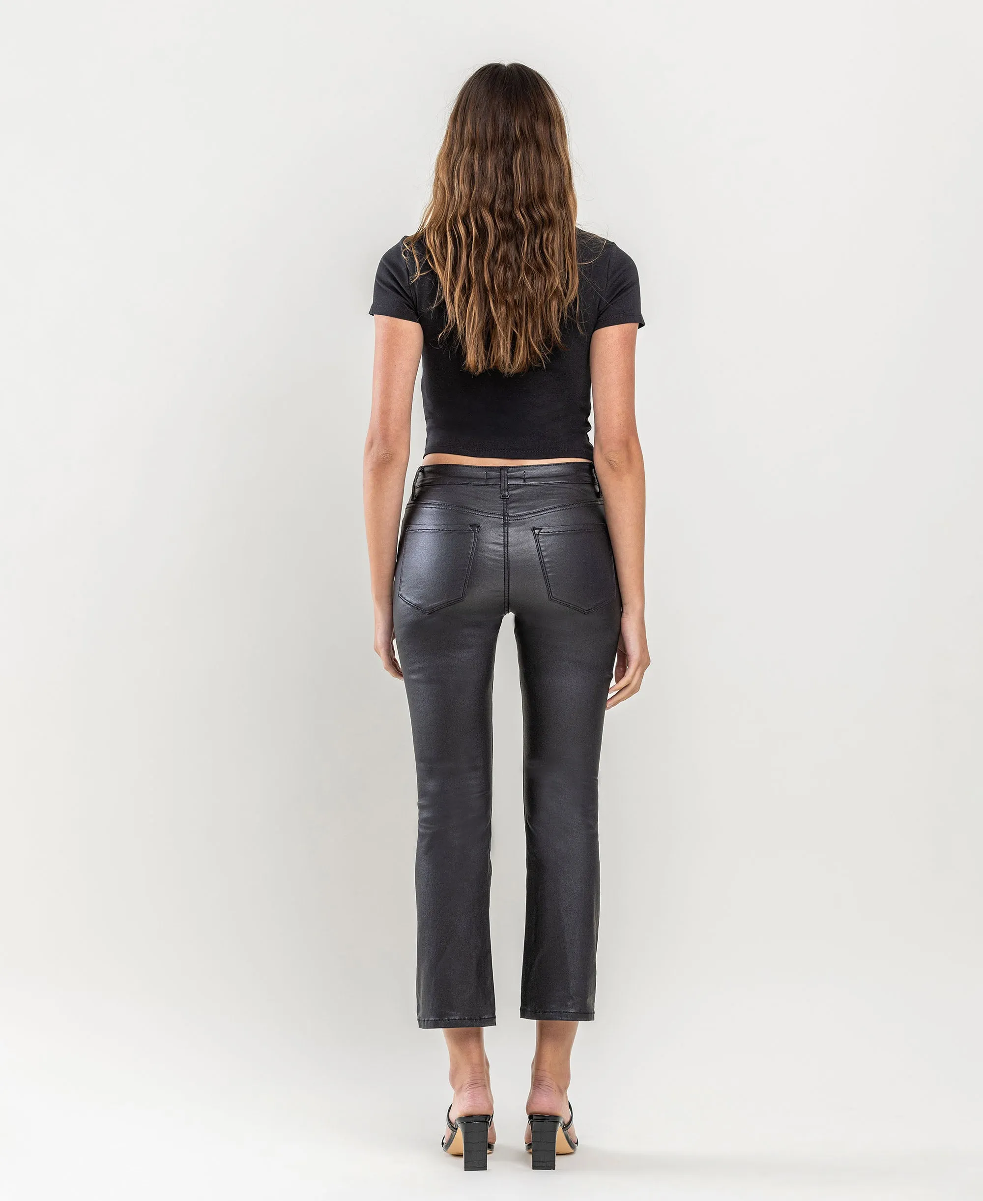 Jet Black - High Rise PU Coated Step Hem Crop Flare Jeans