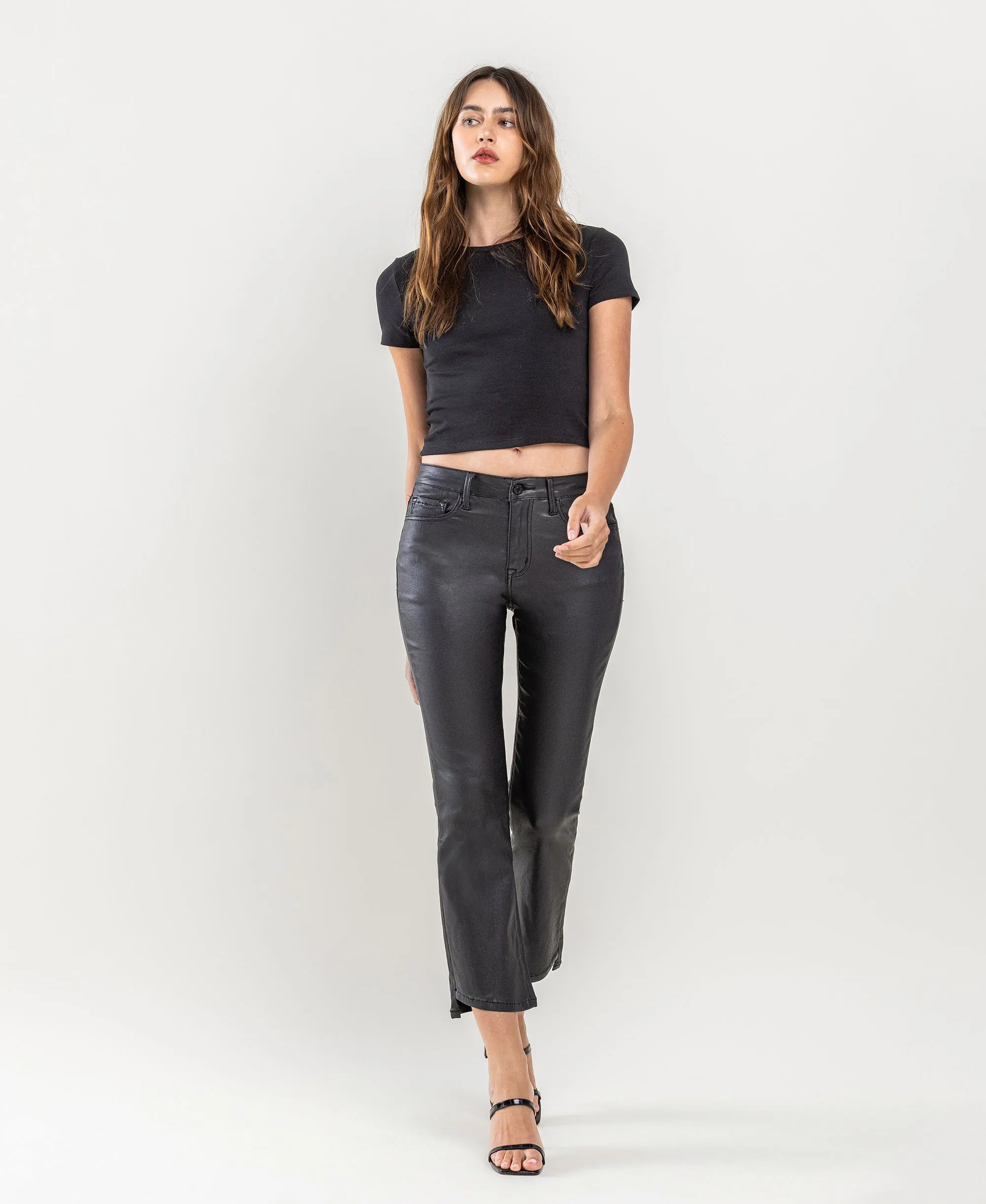 Jet Black - High Rise PU Coated Step Hem Crop Flare Jeans