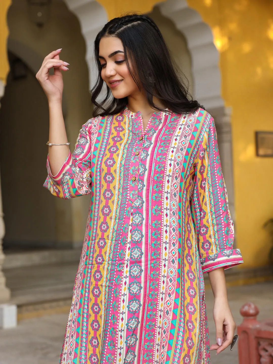 Juniper Multi-Color Ethnic Motif Printed Rayon Kurta With Palazzos Set