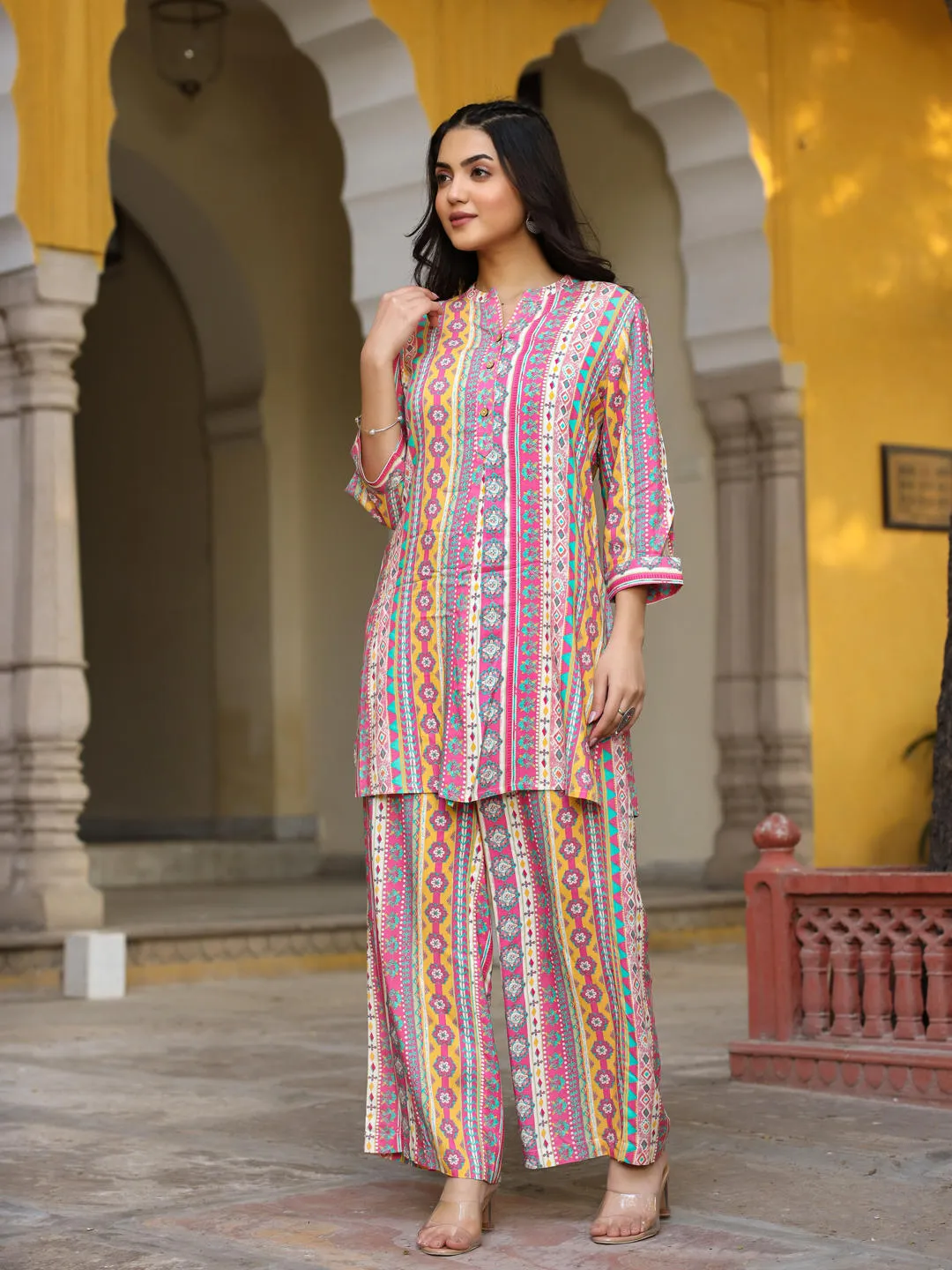 Juniper Multi-Color Ethnic Motif Printed Rayon Kurta With Palazzos Set