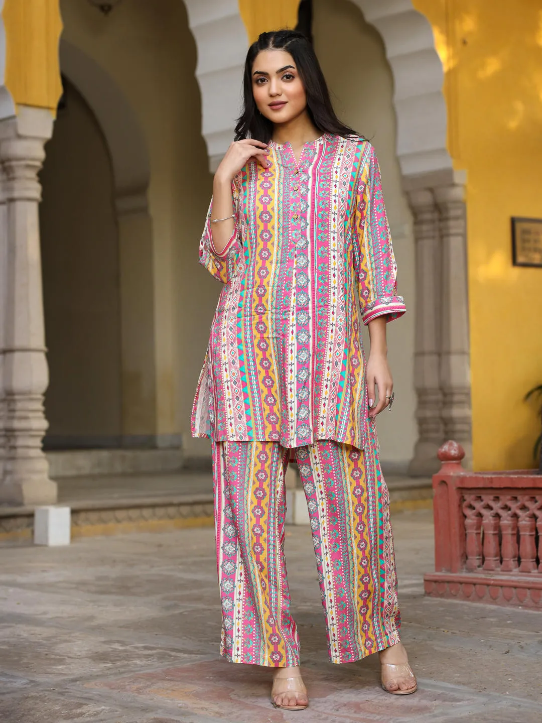 Juniper Multi-Color Ethnic Motif Printed Rayon Kurta With Palazzos Set