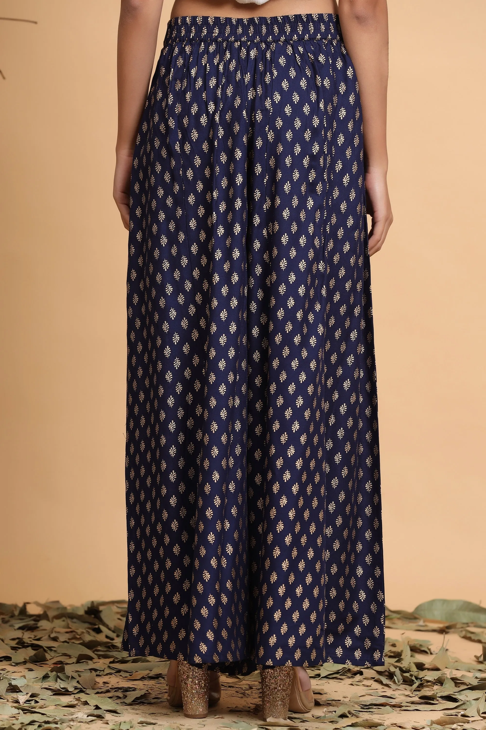 Juniper Navy Blue Ethnic Motif Printed Rayon Flared Women Palazzo With One Pocket