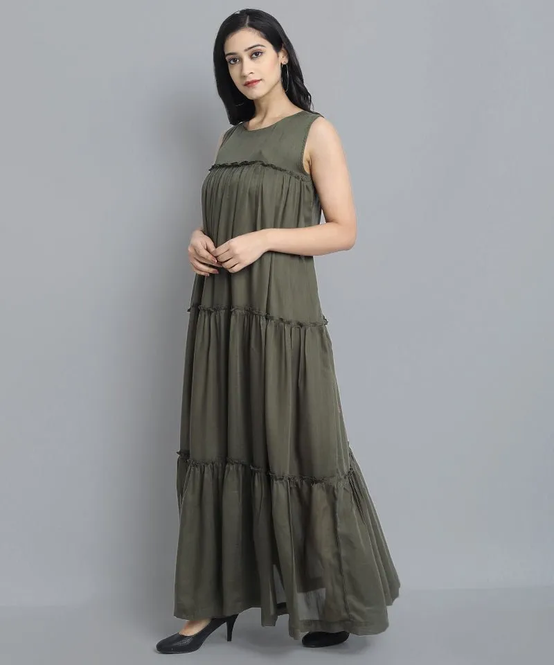 Khaki Mul Cotton Sleeveless Graduated Dress