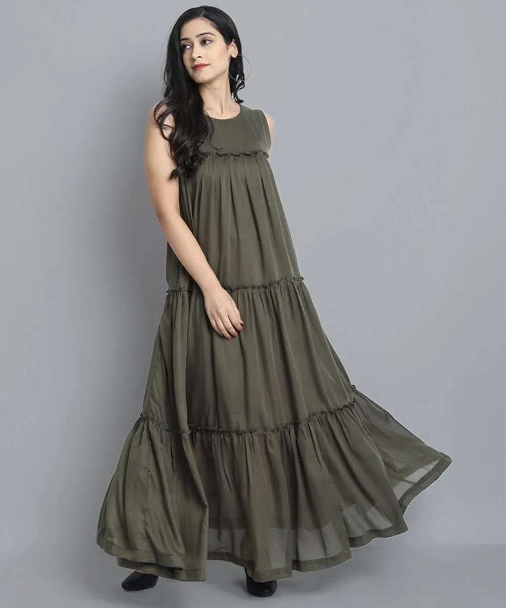 Khaki Mul Cotton Sleeveless Graduated Dress