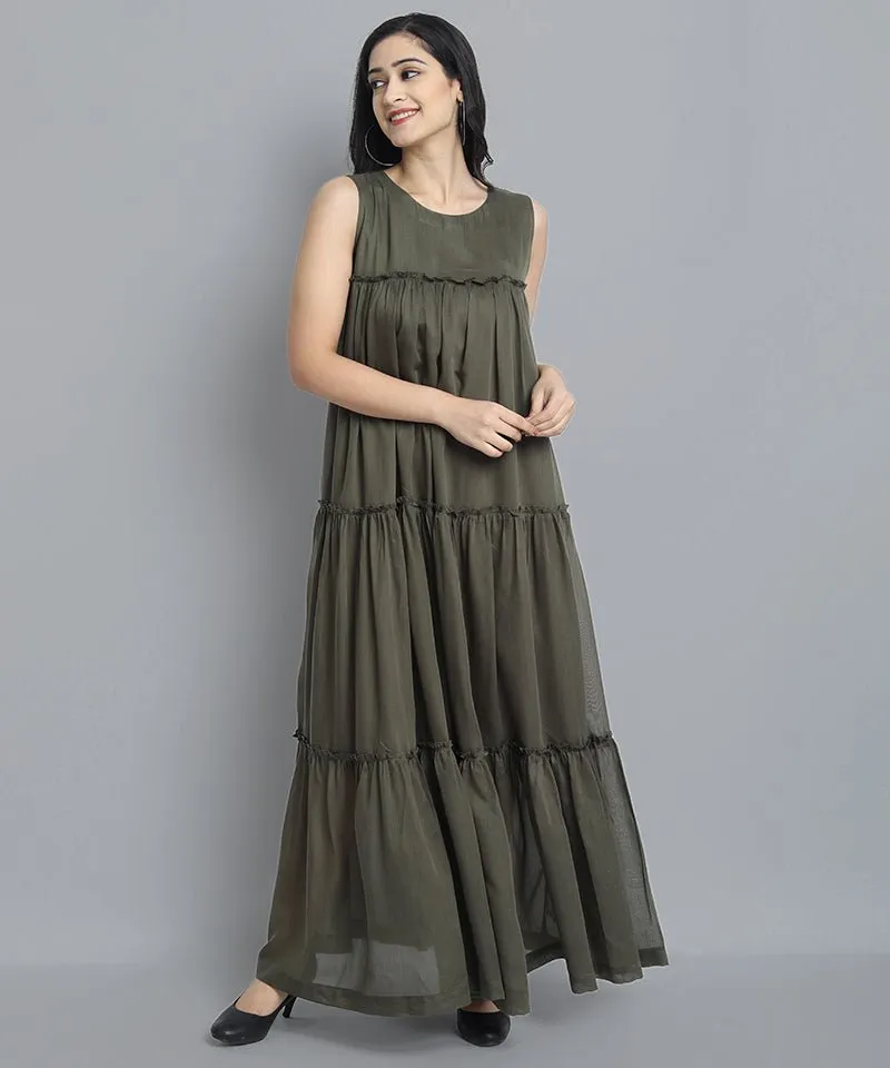 Khaki Mul Cotton Sleeveless Graduated Dress