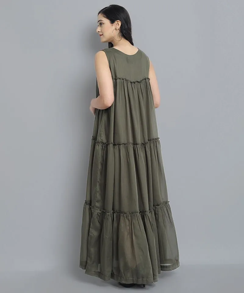 Khaki Mul Cotton Sleeveless Graduated Dress