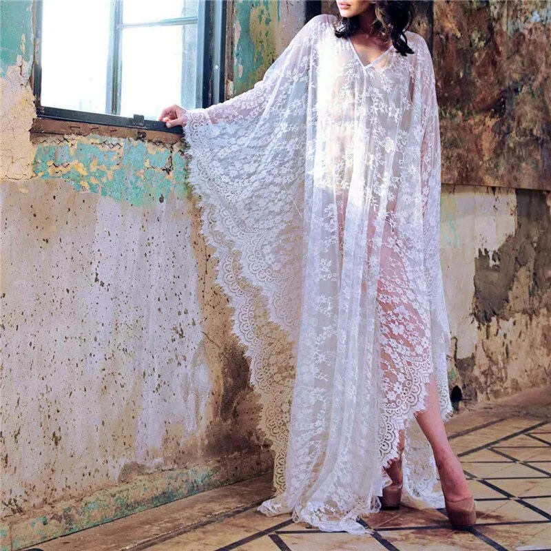 Lace Kaftan White Or Black Maxi Beach Dress Bikini Cover Up Angel Wing Sleeves Low Back With Tie Easy On And Off Bohemian Caftan One Size