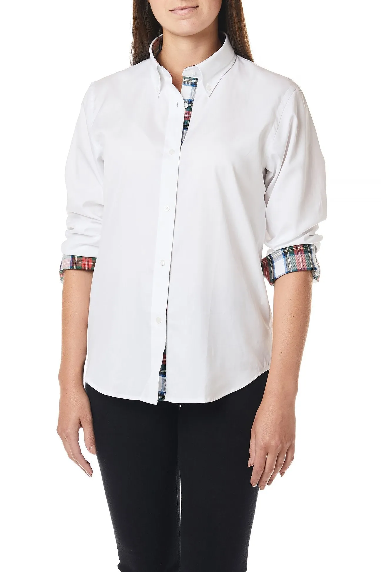 Ladies Buttondown Shirt White Oxford with Dress Stewart Trim