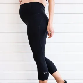 Maternity Leggings - Mama Love Pregnancy & Postpartum 3/4 Length Black Pockets