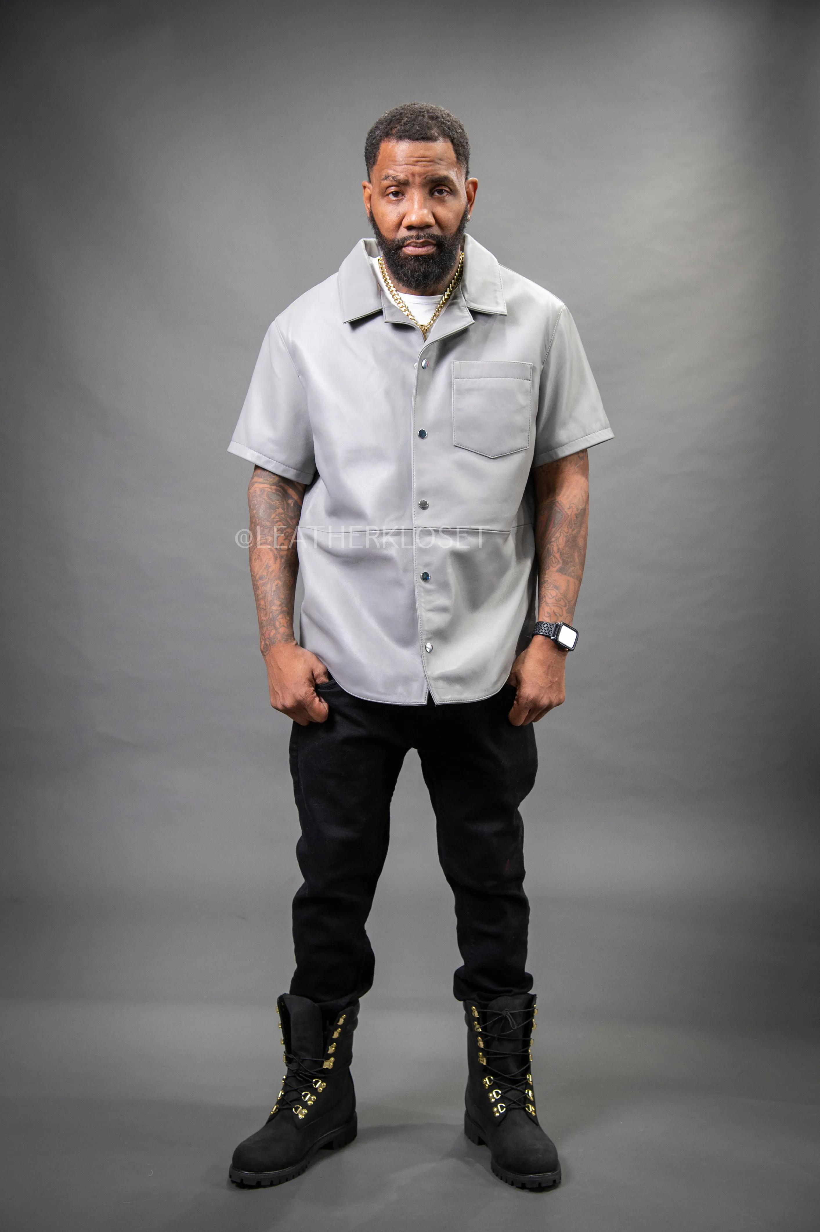 Men's Summer In Miami Luka Leather Short Sleeve Shirt [Grey]