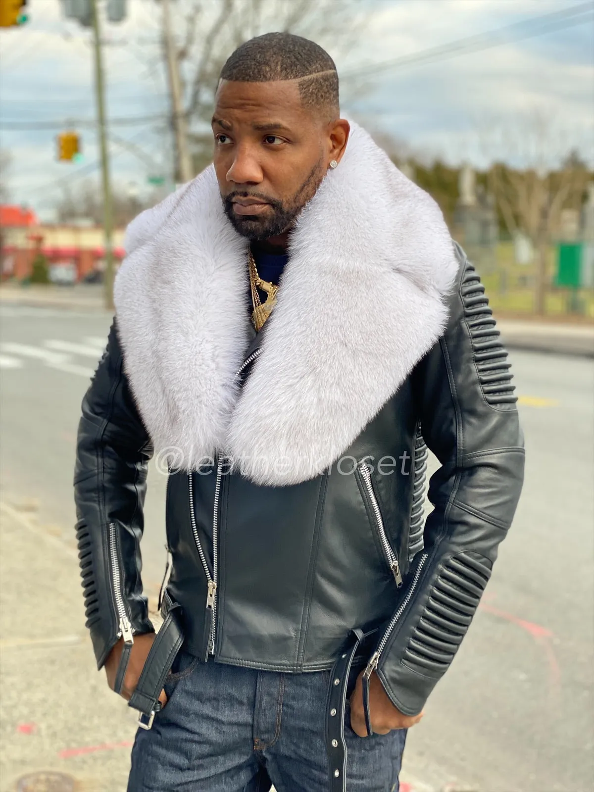 Men's Trey Biker Full Fox Fur Collar [Natural White Fox]