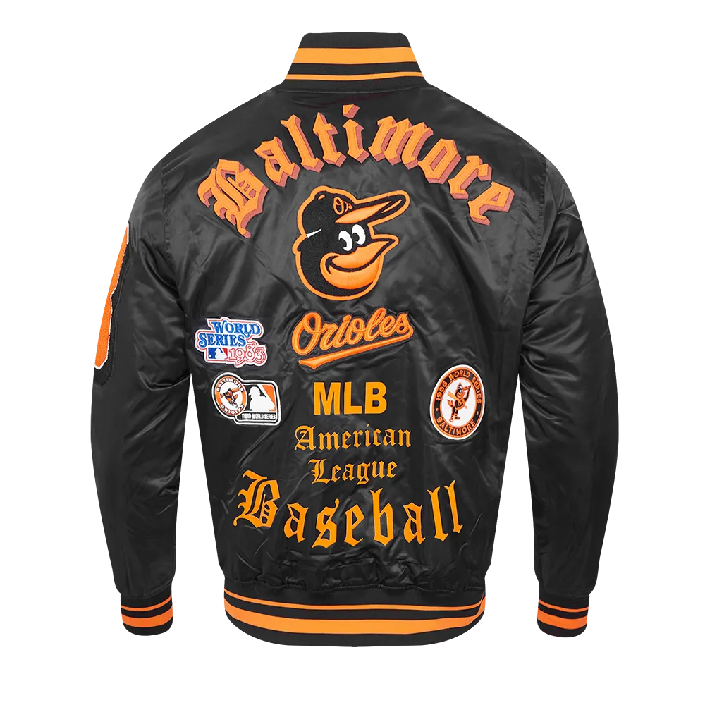 MLB BALTIMORE ORIOLES OLD ENGLISH MEN'S RIB SATIN JACKET (BLACK/ORANGE)