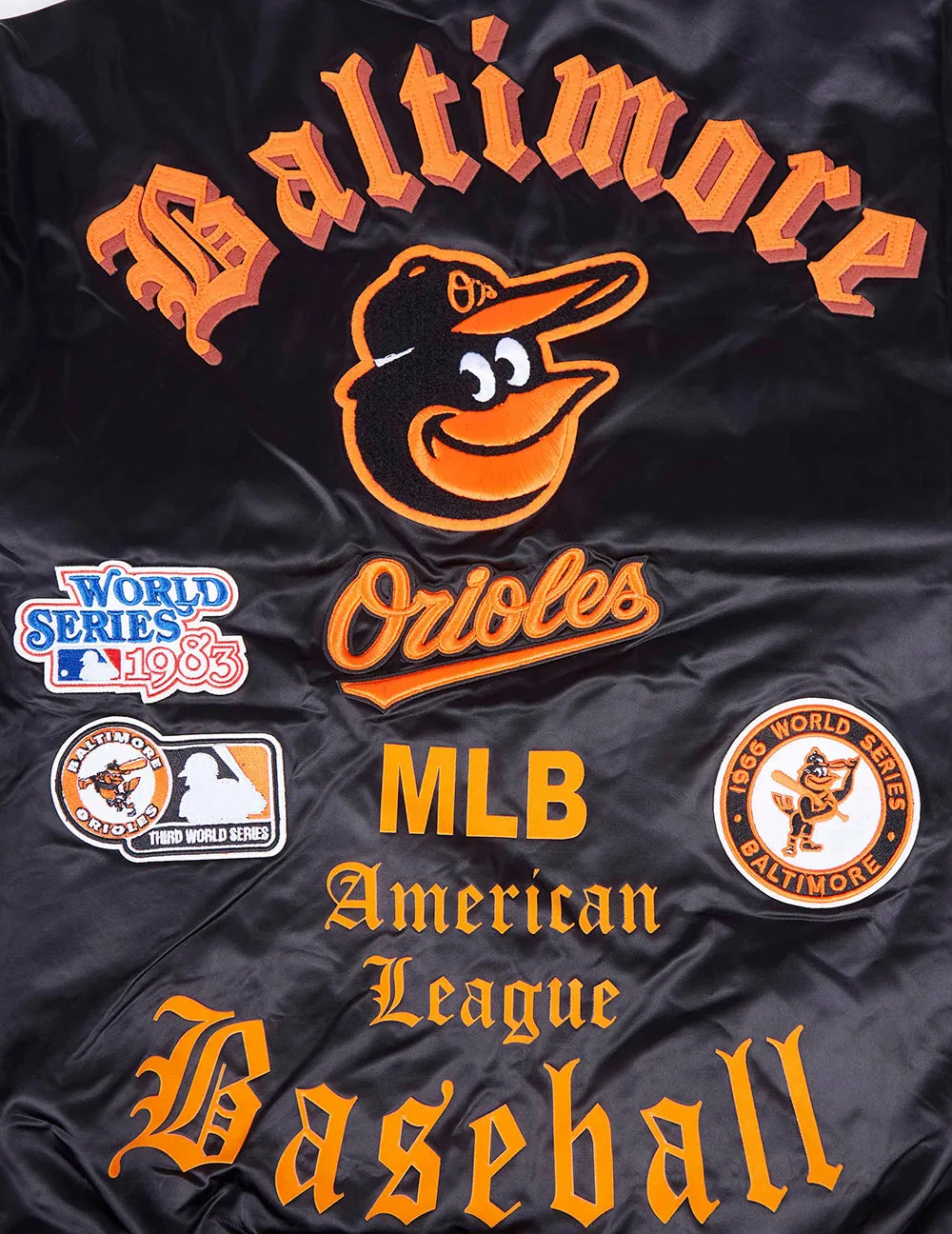 MLB BALTIMORE ORIOLES OLD ENGLISH MEN'S RIB SATIN JACKET (BLACK/ORANGE)