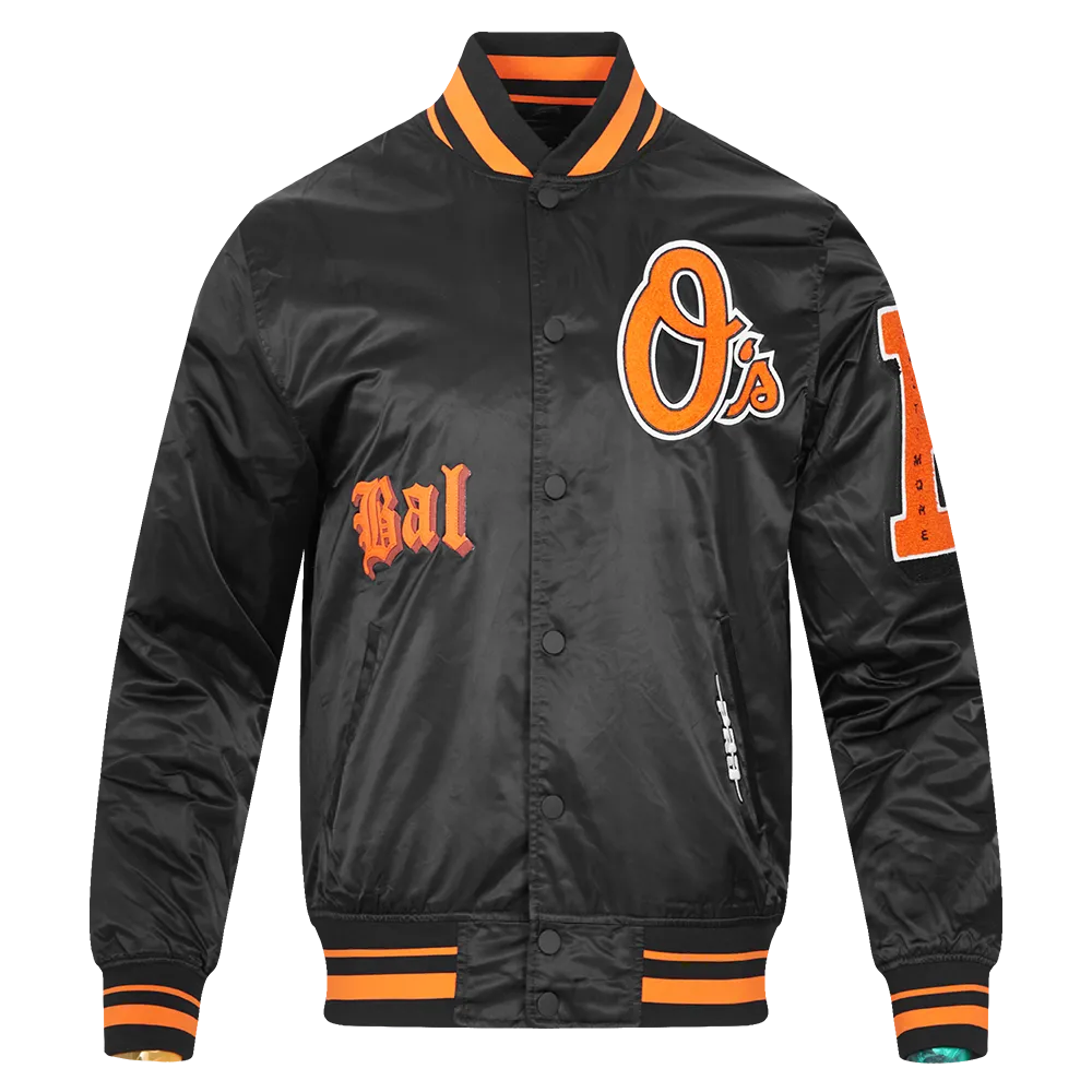 MLB BALTIMORE ORIOLES OLD ENGLISH MEN'S RIB SATIN JACKET (BLACK/ORANGE)