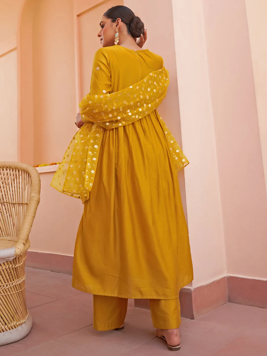 Mustard Chanderi Embellished Kurta with Palazzo and Dupatta