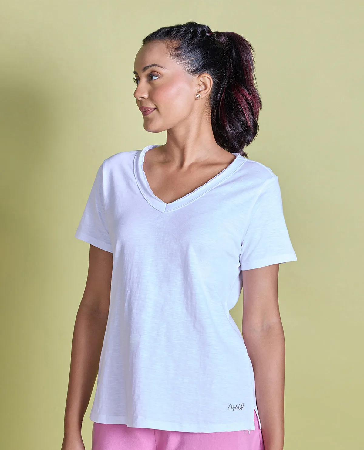 Nykd All Day V Neck Slub Cotton tee - NYLE512 - Bright White