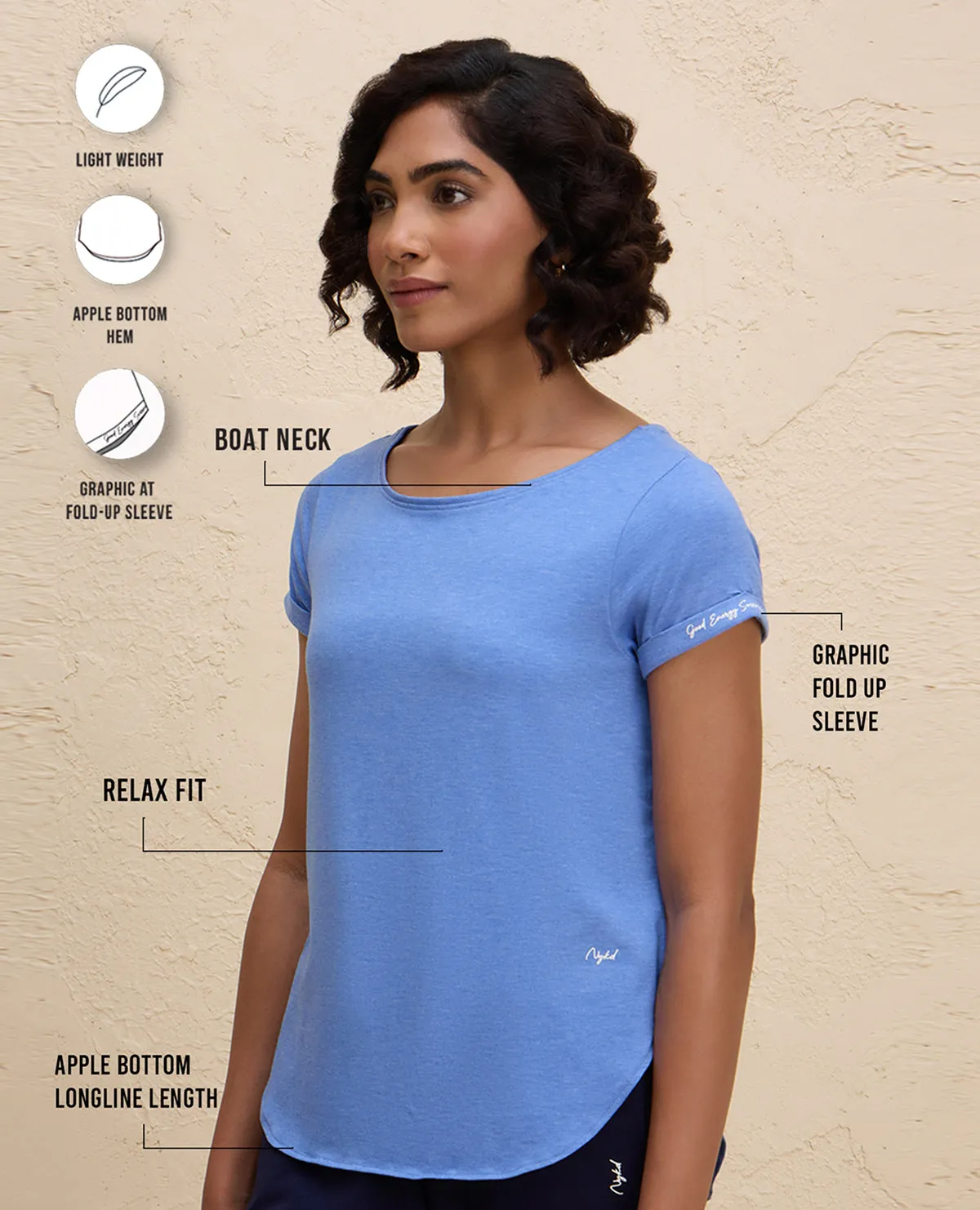 Nykd By Nykaa After Class Apple Bottom Flattering Longline Tee-NYAT272-Blue Melange