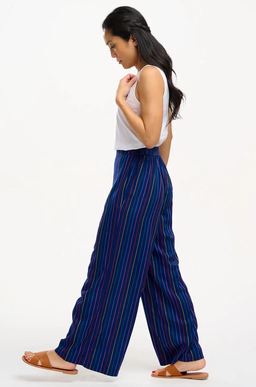 Patsy Palazzo Pants - Navy, Thin Rainbow Stripe