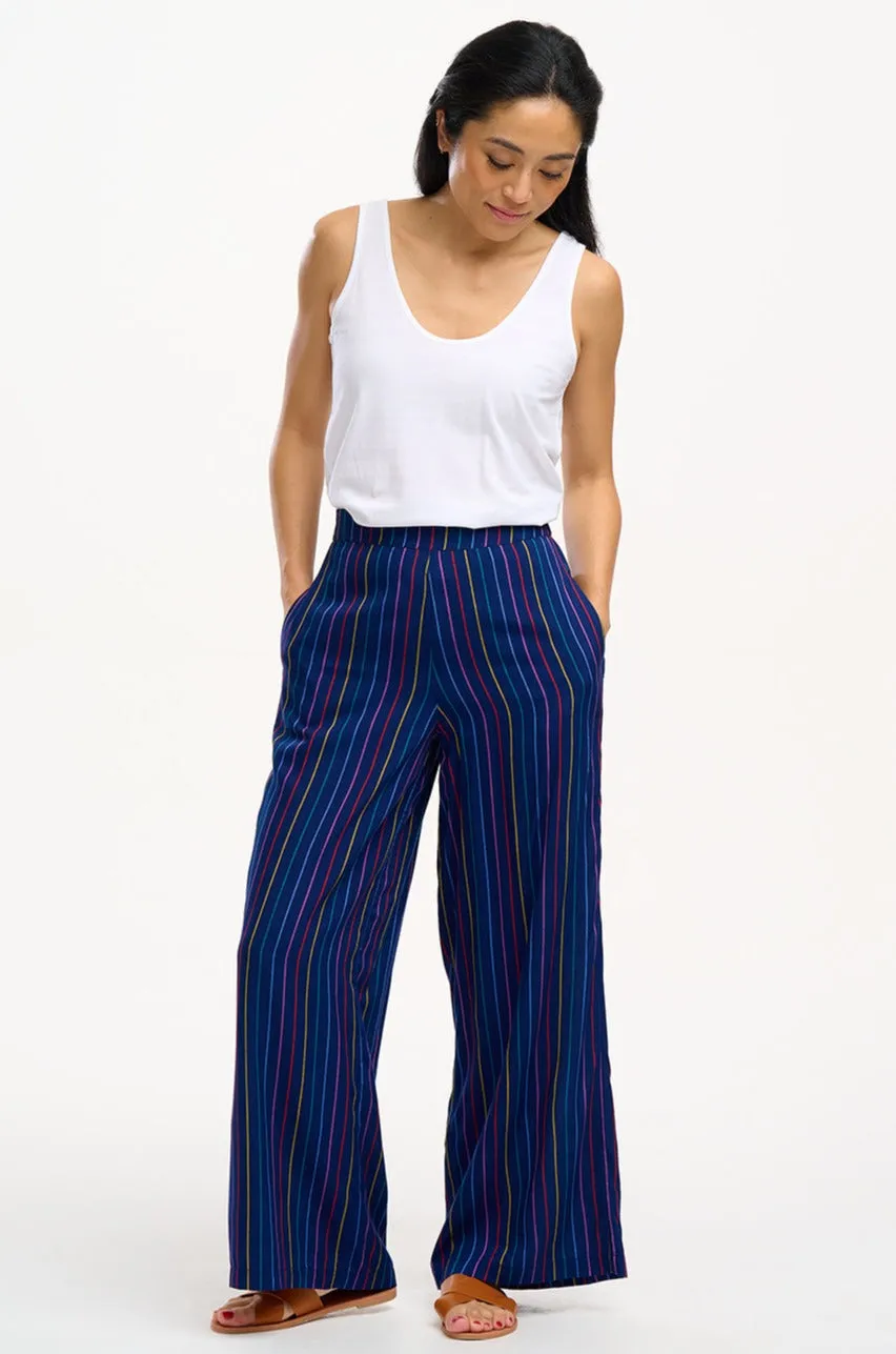 Patsy Palazzo Pants - Navy, Thin Rainbow Stripe