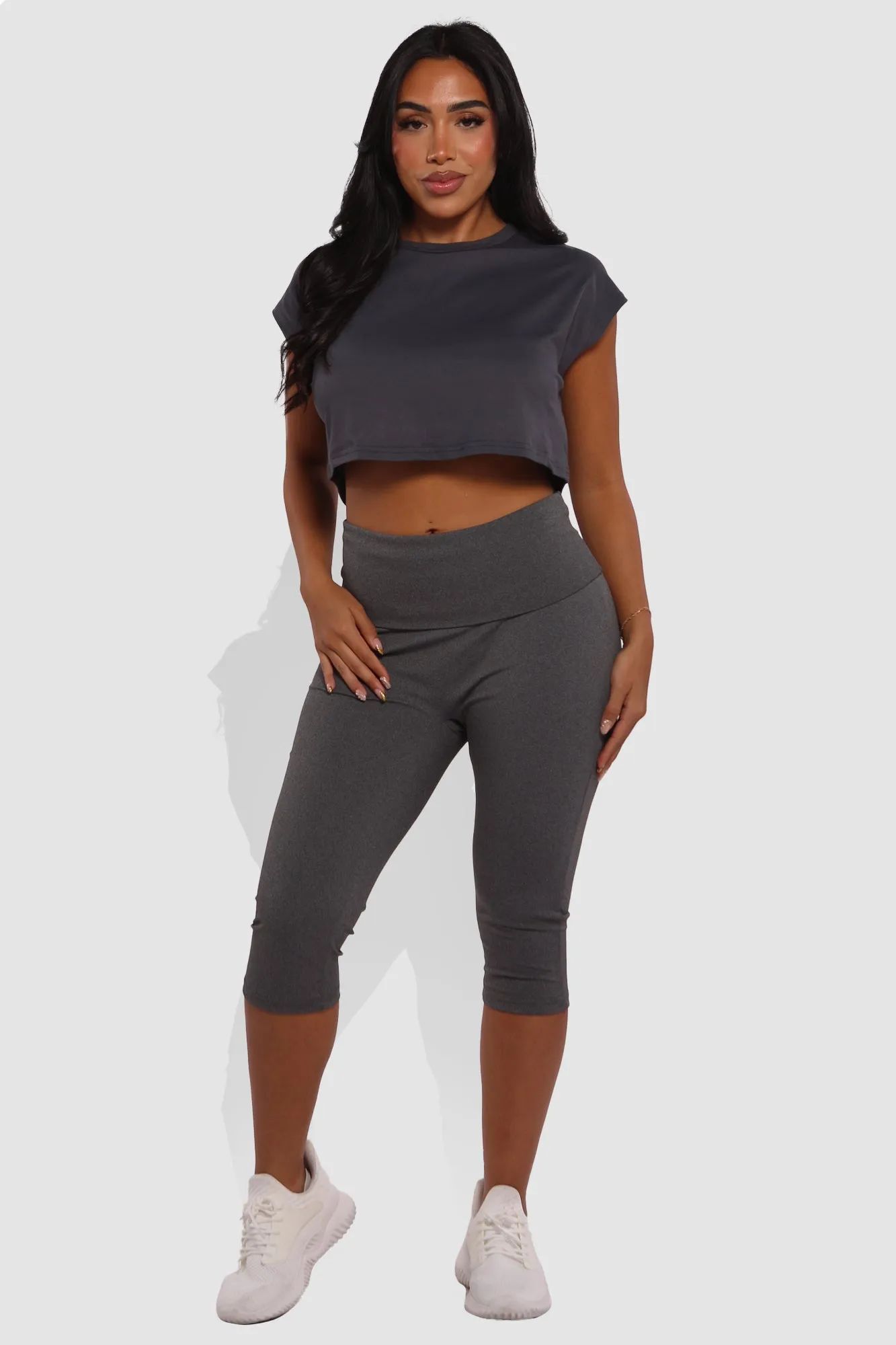 Pillowy Soft Fold Over High Waist Leggings - Dark Heather Gray