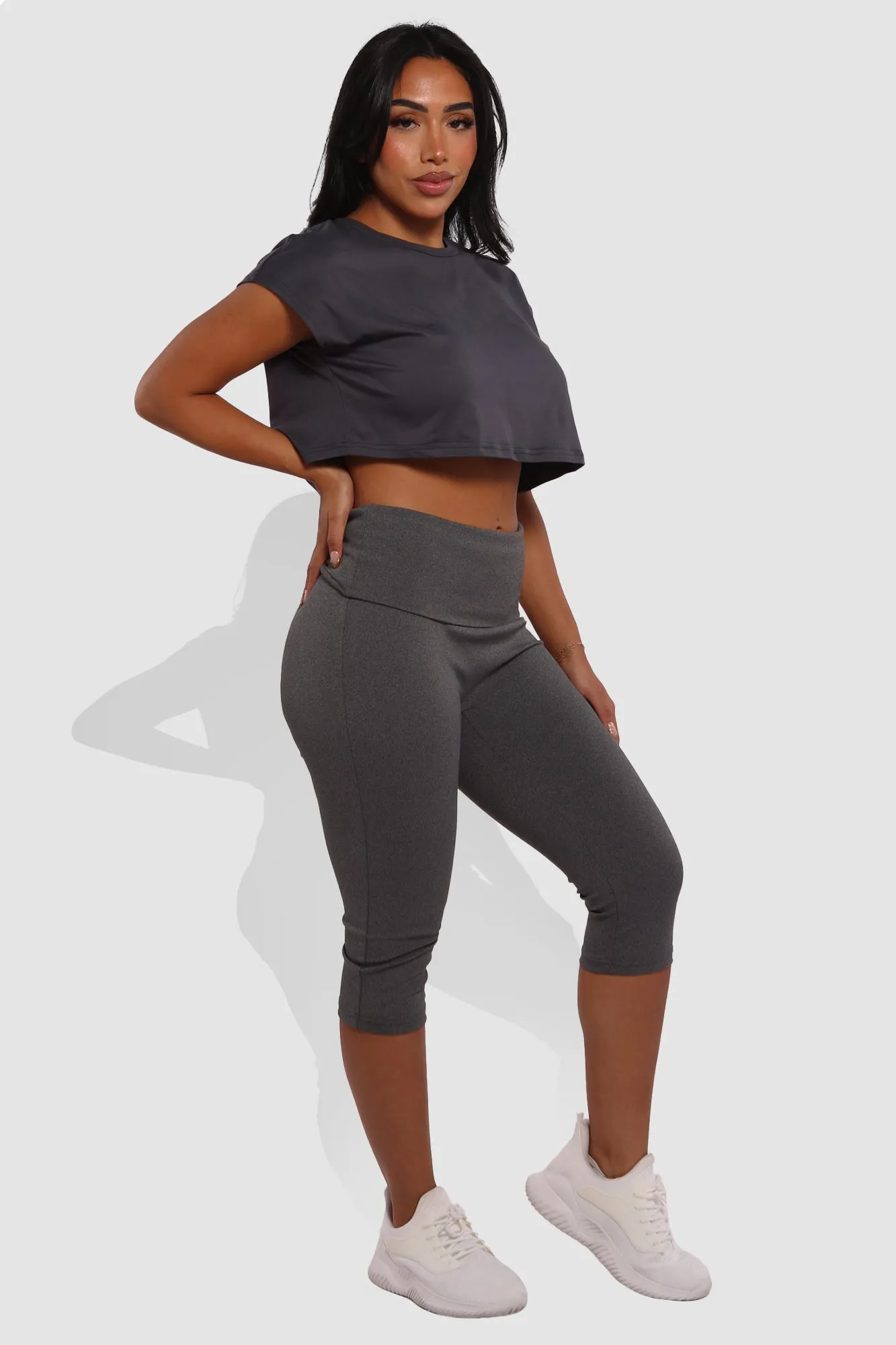 Pillowy Soft Fold Over High Waist Leggings - Dark Heather Gray