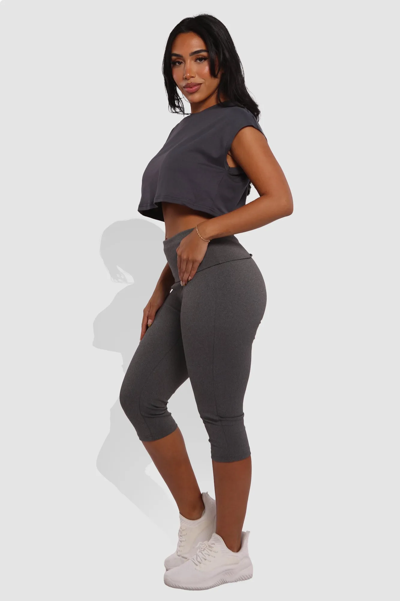 Pillowy Soft Fold Over High Waist Leggings - Dark Heather Gray