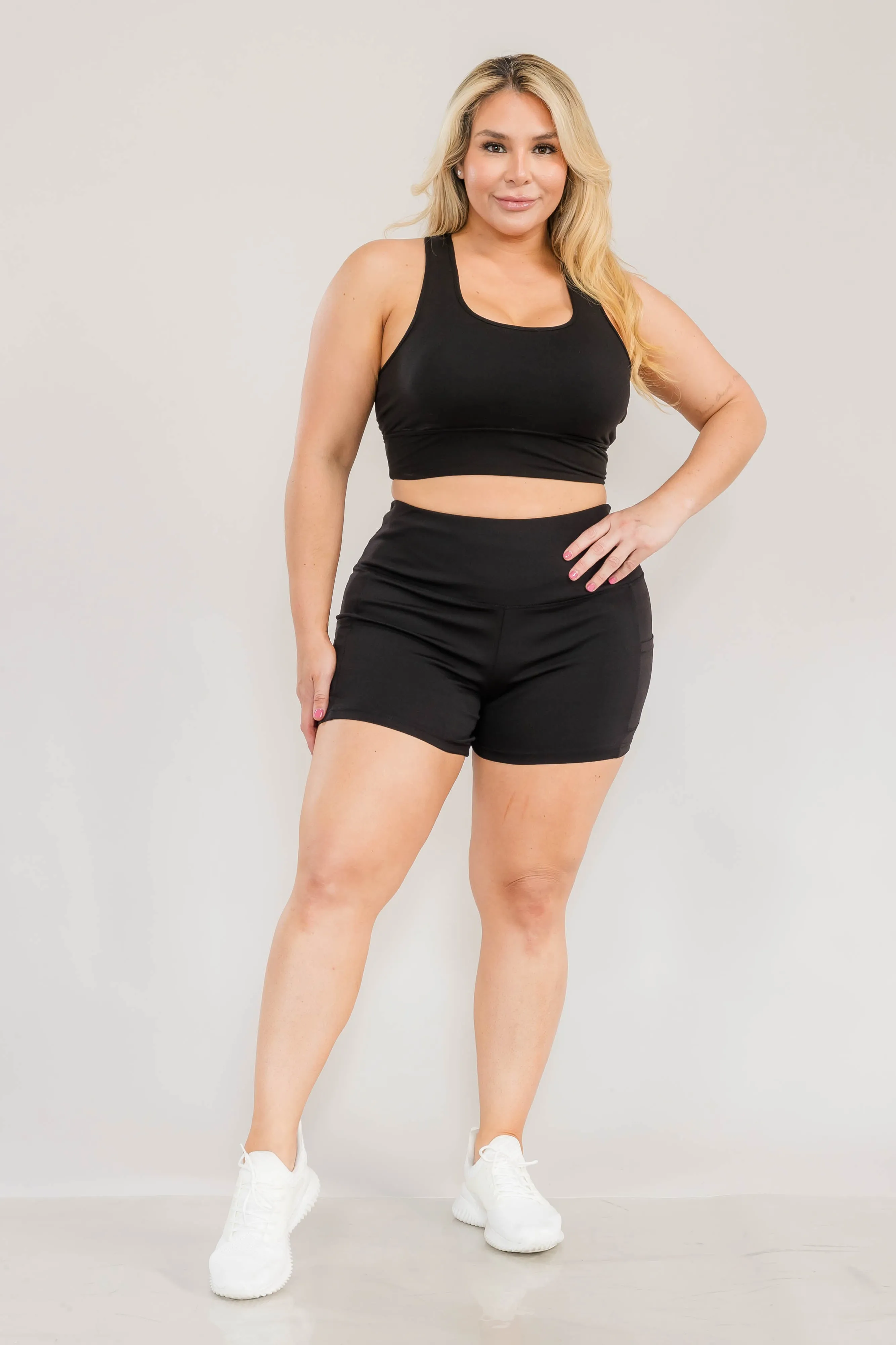 Plus Size High Waist Athletic Biker Shorts With Side Pockets - Black