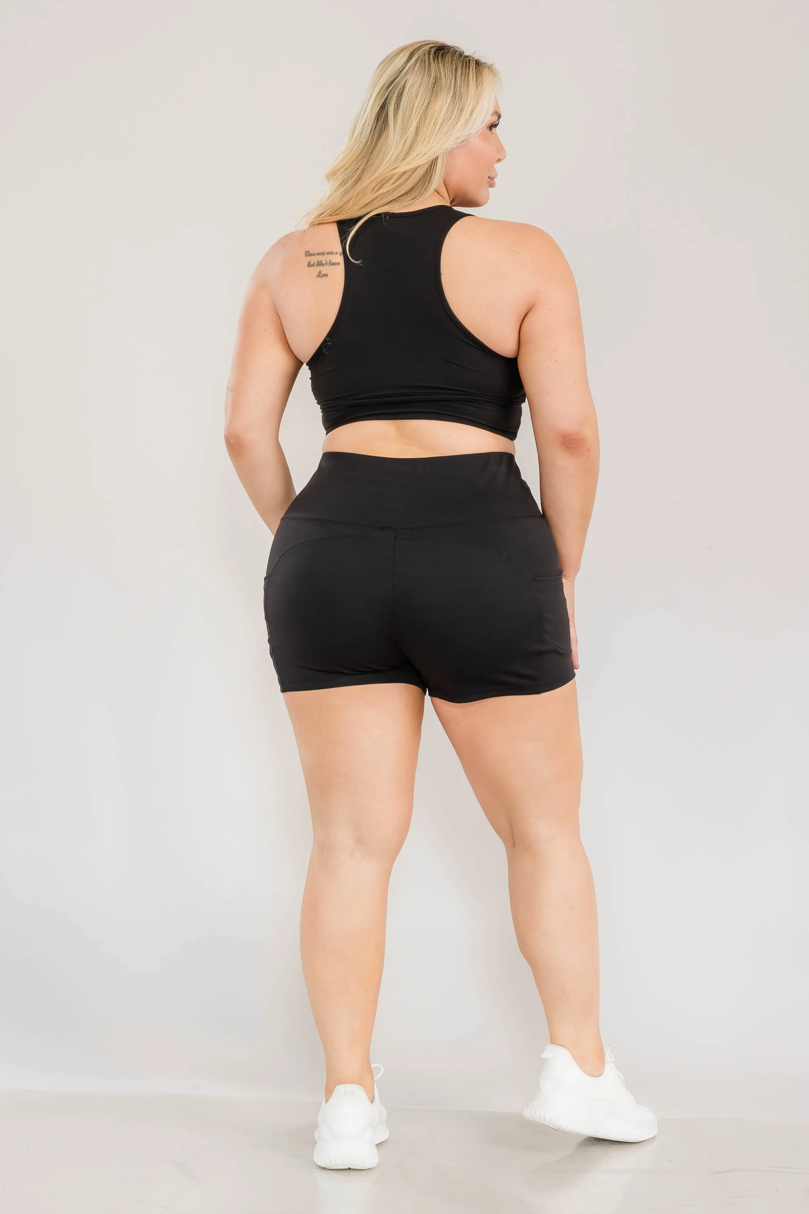 Plus Size High Waist Athletic Biker Shorts With Side Pockets - Black