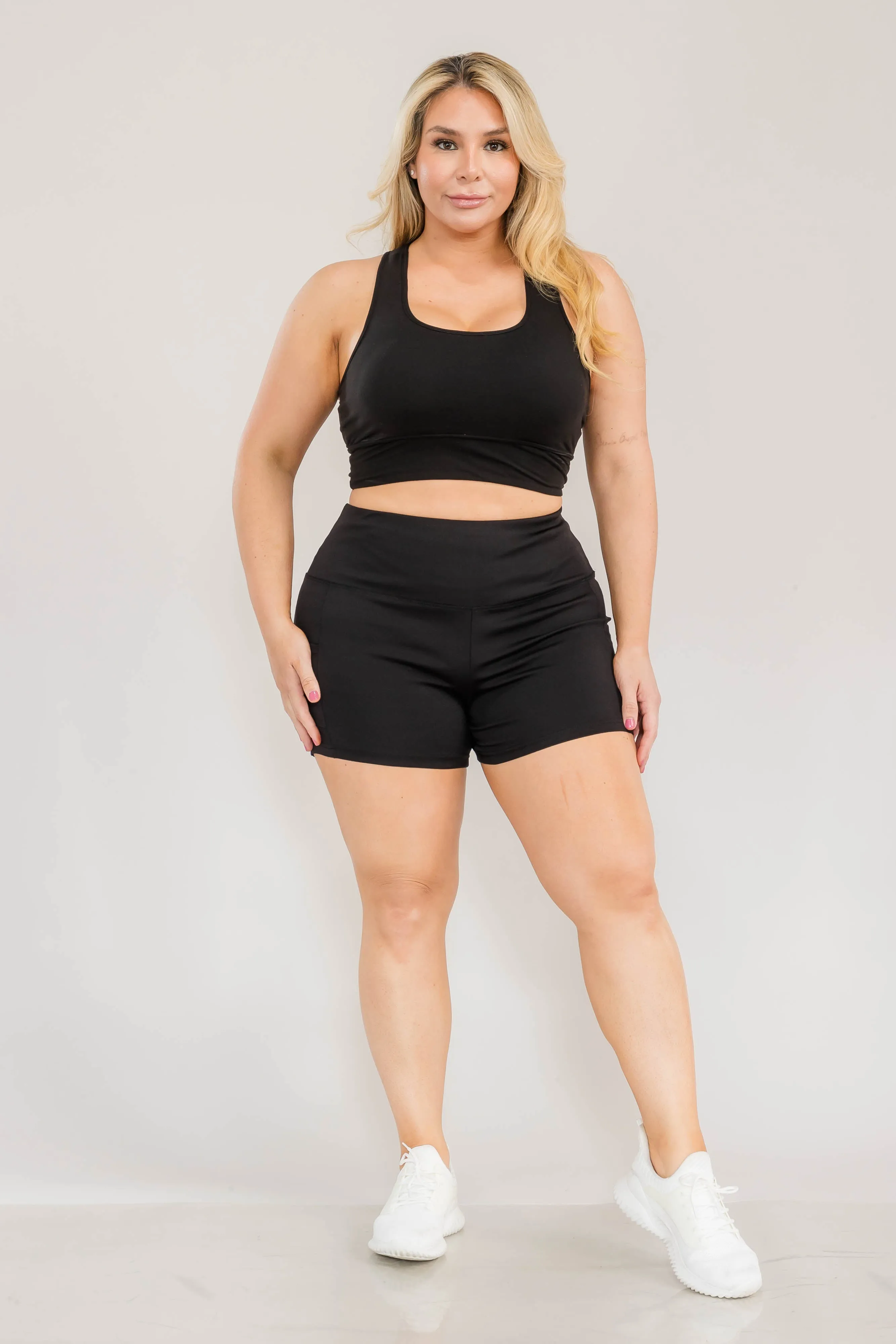 Plus Size High Waist Athletic Biker Shorts With Side Pockets - Black