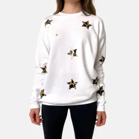 Poppy Cozy Chic White Sweatshirt - Gold Foil Cheetah Print Stars