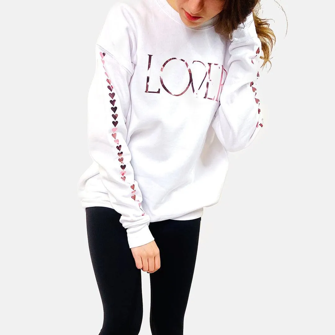 Poppy Cozy Chic White Sweatshirt - Rose Gold Foil "Lover"