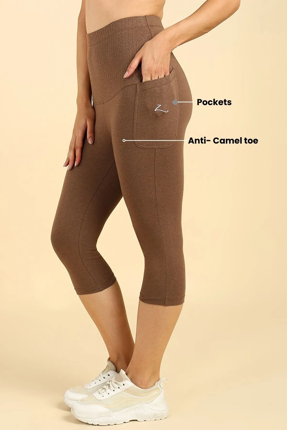 Ribbed Cotton Melange Brown Maternity Capri (Pregnancy & Postpartum)