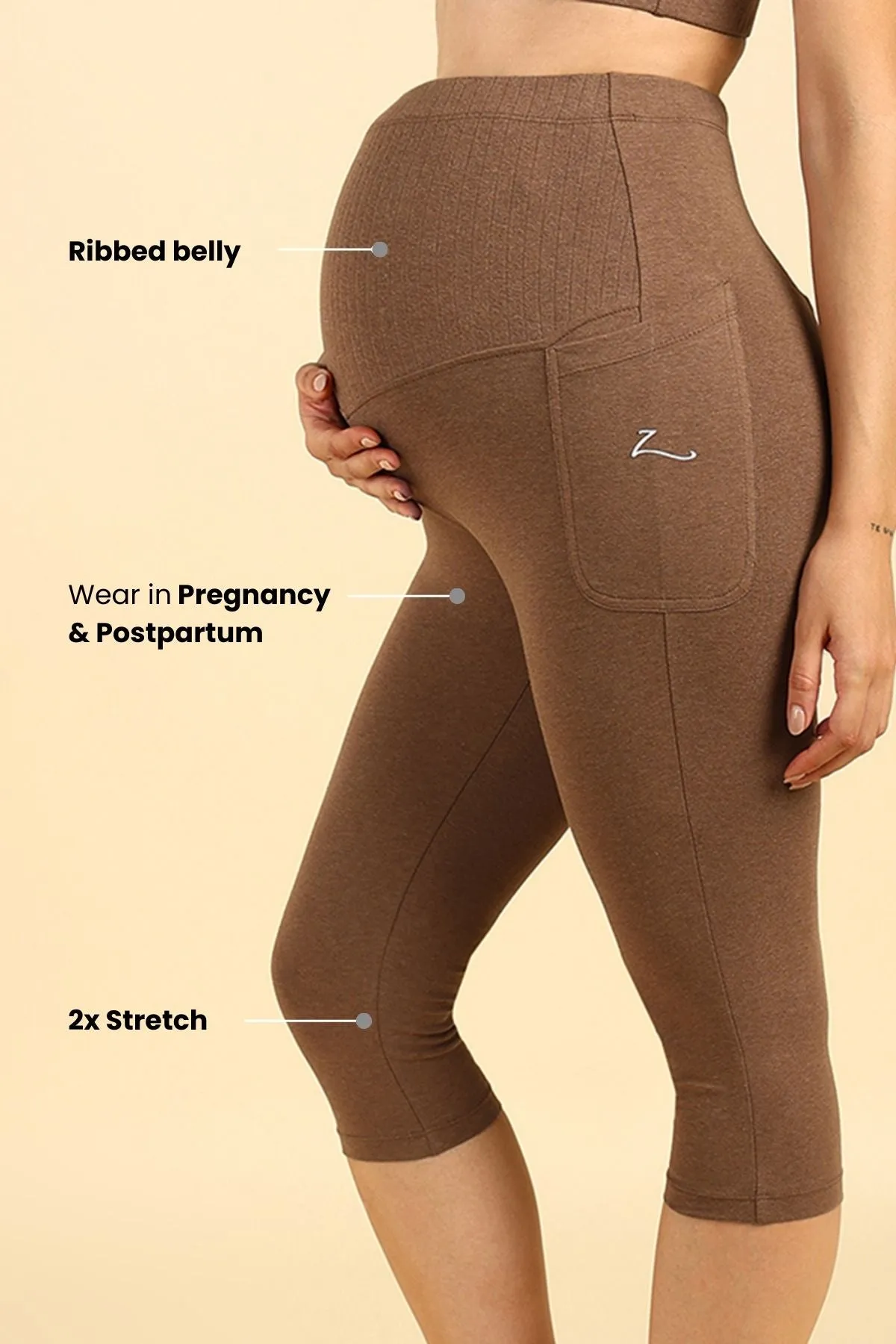 Ribbed Cotton Melange Brown Maternity Capri (Pregnancy & Postpartum)