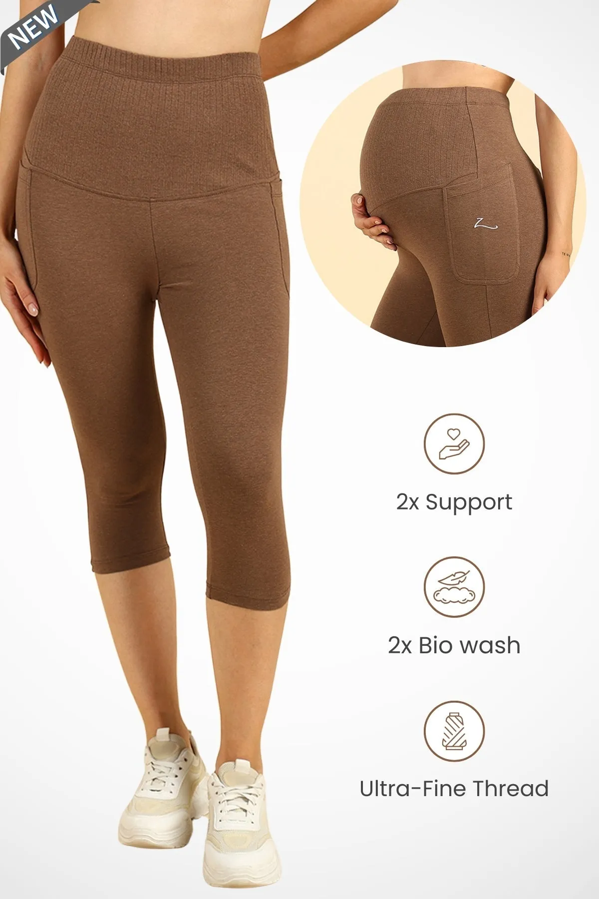 Ribbed Cotton Melange Brown Maternity Capri (Pregnancy & Postpartum)