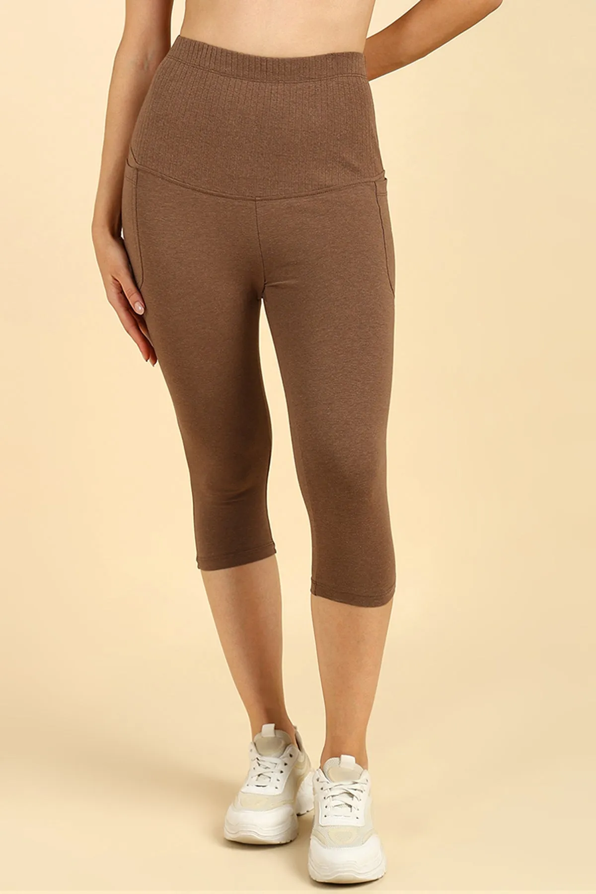 Ribbed Cotton Melange Brown Maternity Capri (Pregnancy & Postpartum)