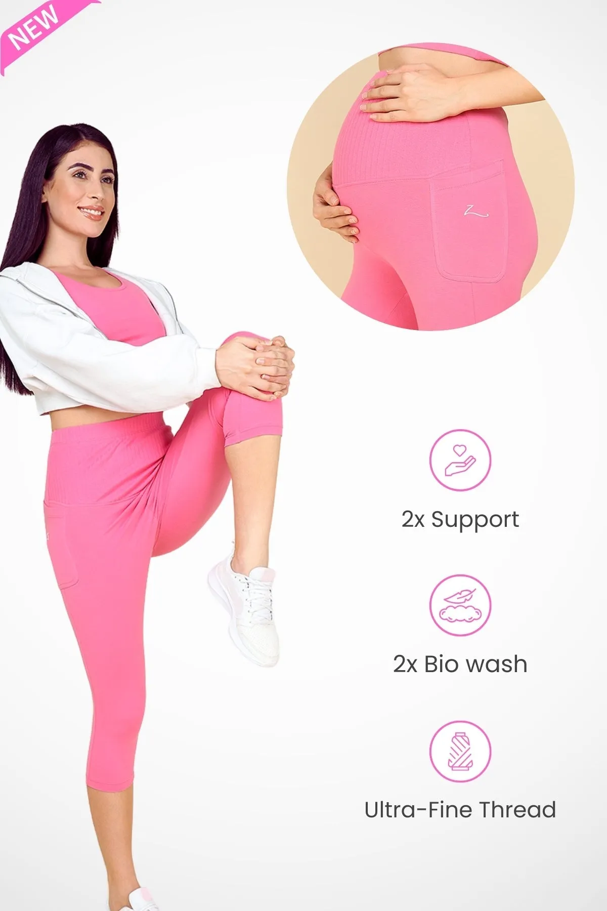 Ribbed Cotton Pink Maternity Capri (Pregnancy & Postpartum)