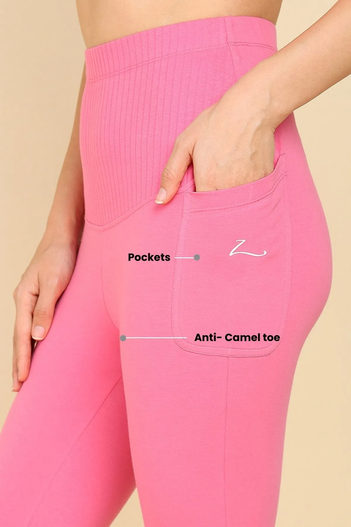 Ribbed Cotton Pink Maternity Capri (Pregnancy & Postpartum)