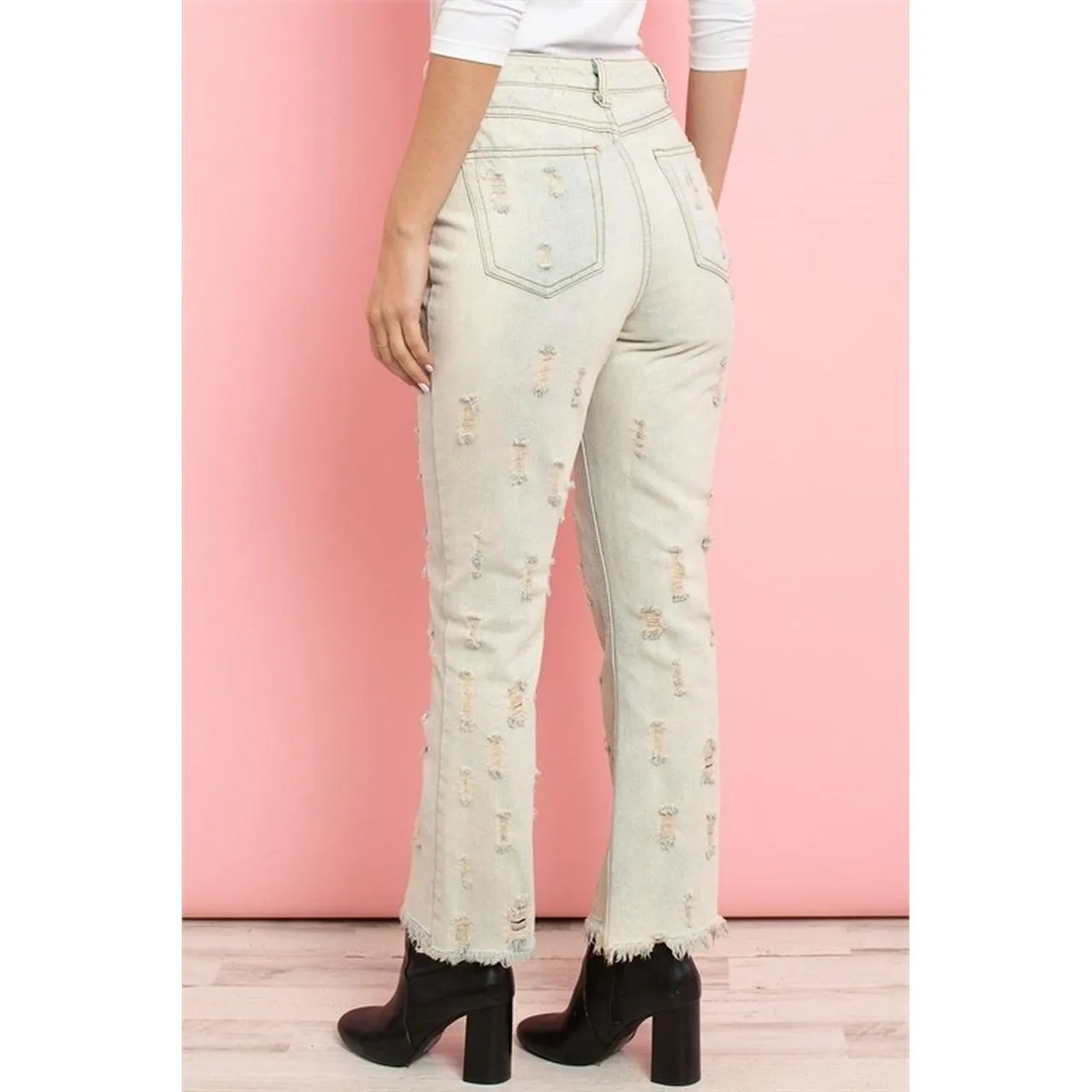 Ripped detail frayed hem straight leg jeans