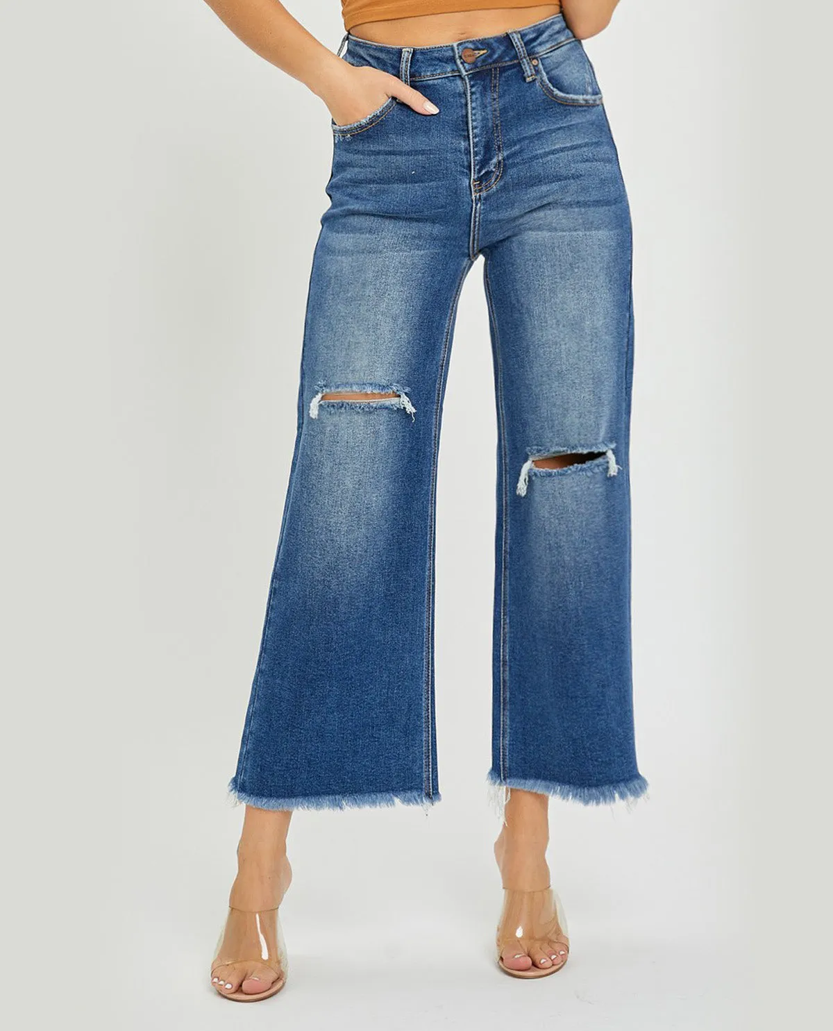 Risen High Rise Frayed Ankle Wide Jeans