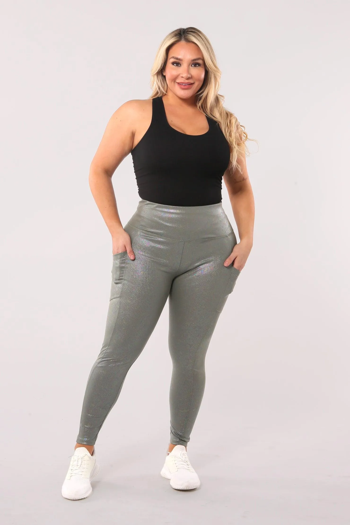 Shiny Heat Seal Print High Waist Tummy Control Sports Leggings With Pockets - Sage