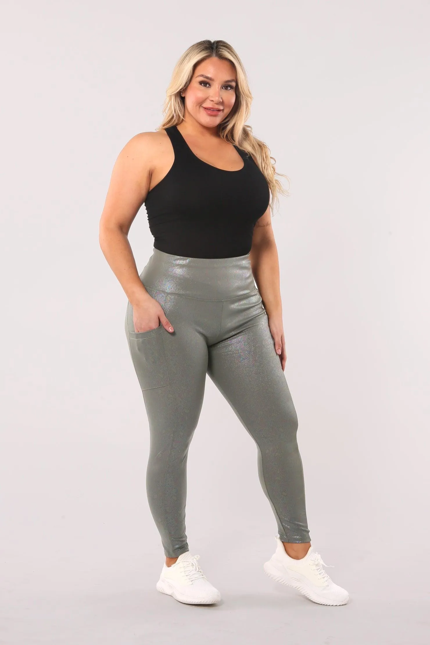 Shiny Heat Seal Print High Waist Tummy Control Sports Leggings With Pockets - Sage